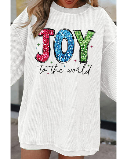 White JOY to the world Ribbed Crewneck Pullover Sweatshirt - L