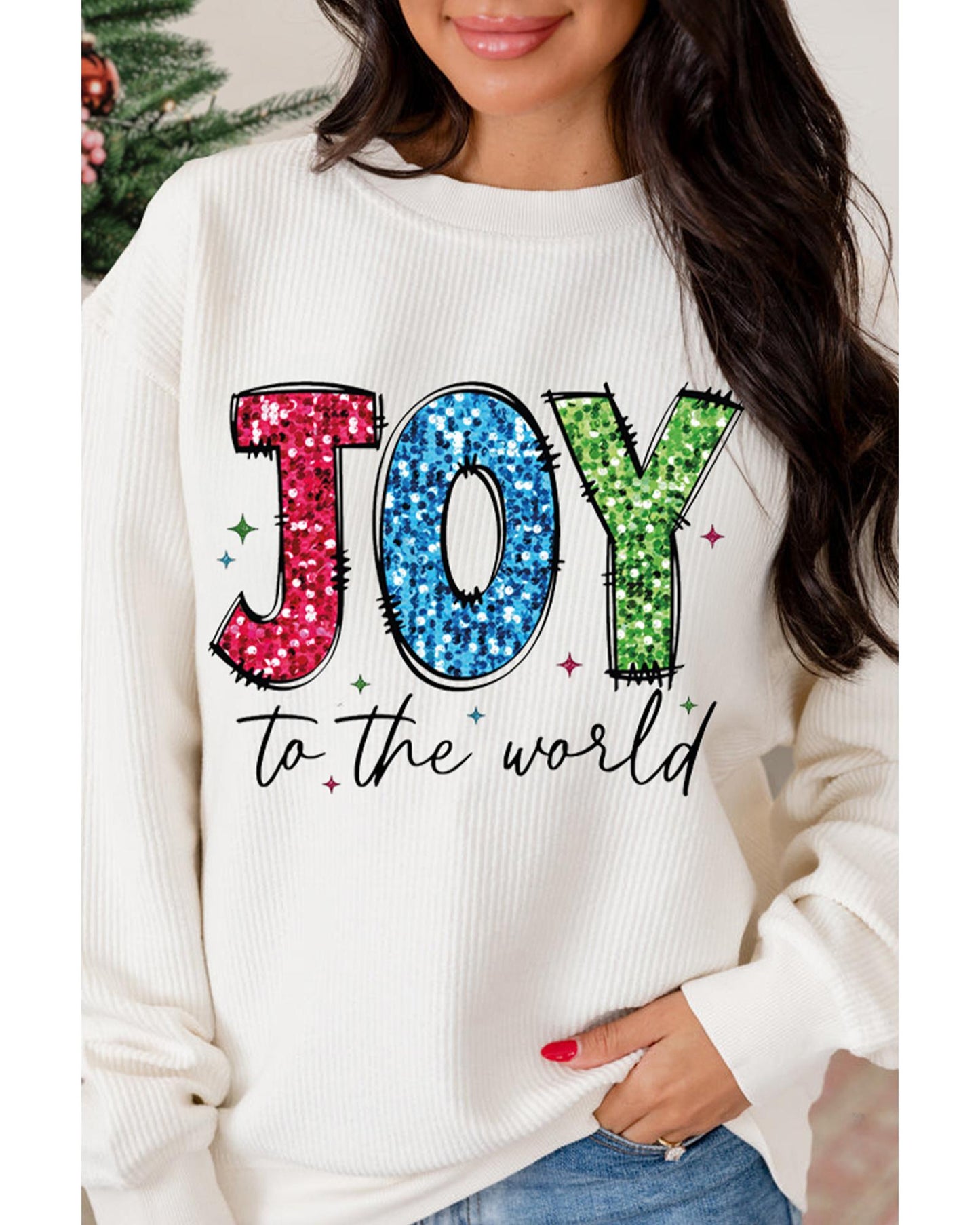 White JOY to the world Ribbed Crewneck Pullover Sweatshirt - M