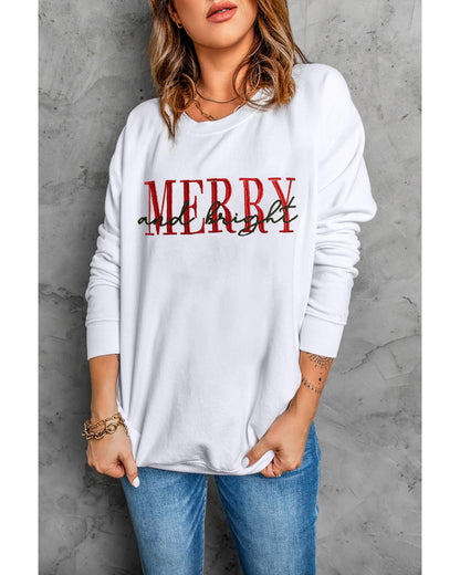 Beige MERRY and bright Embroidered Letter Graphic Sweatshirt - L