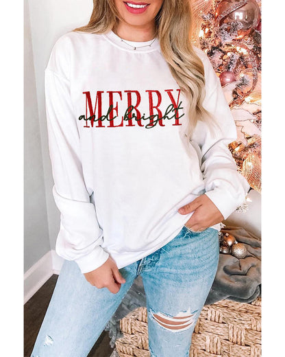 Beige MERRY and bright Embroidered Letter Graphic Sweatshirt - L