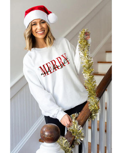 Beige MERRY and bright Embroidered Letter Graphic Sweatshirt - L