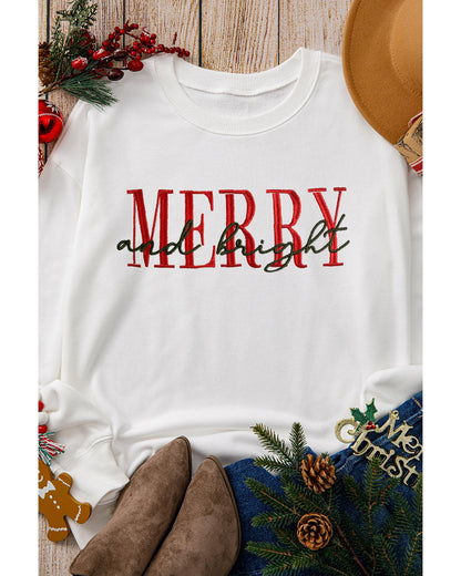 Beige MERRY and bright Embroidered Letter Graphic Sweatshirt - L