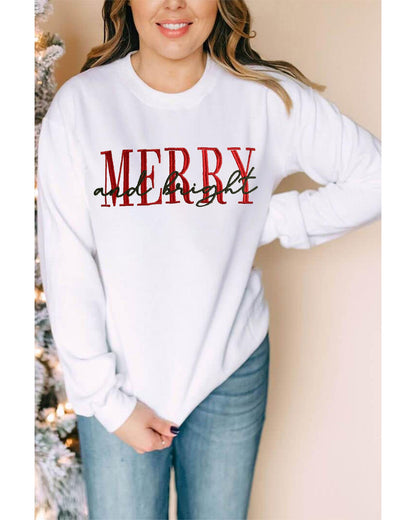 Beige MERRY and bright Embroidered Letter Graphic Sweatshirt - S