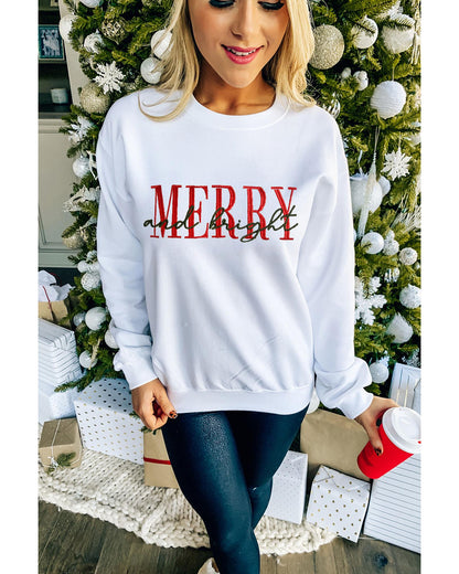 Beige MERRY and bright Embroidered Letter Graphic Sweatshirt - S