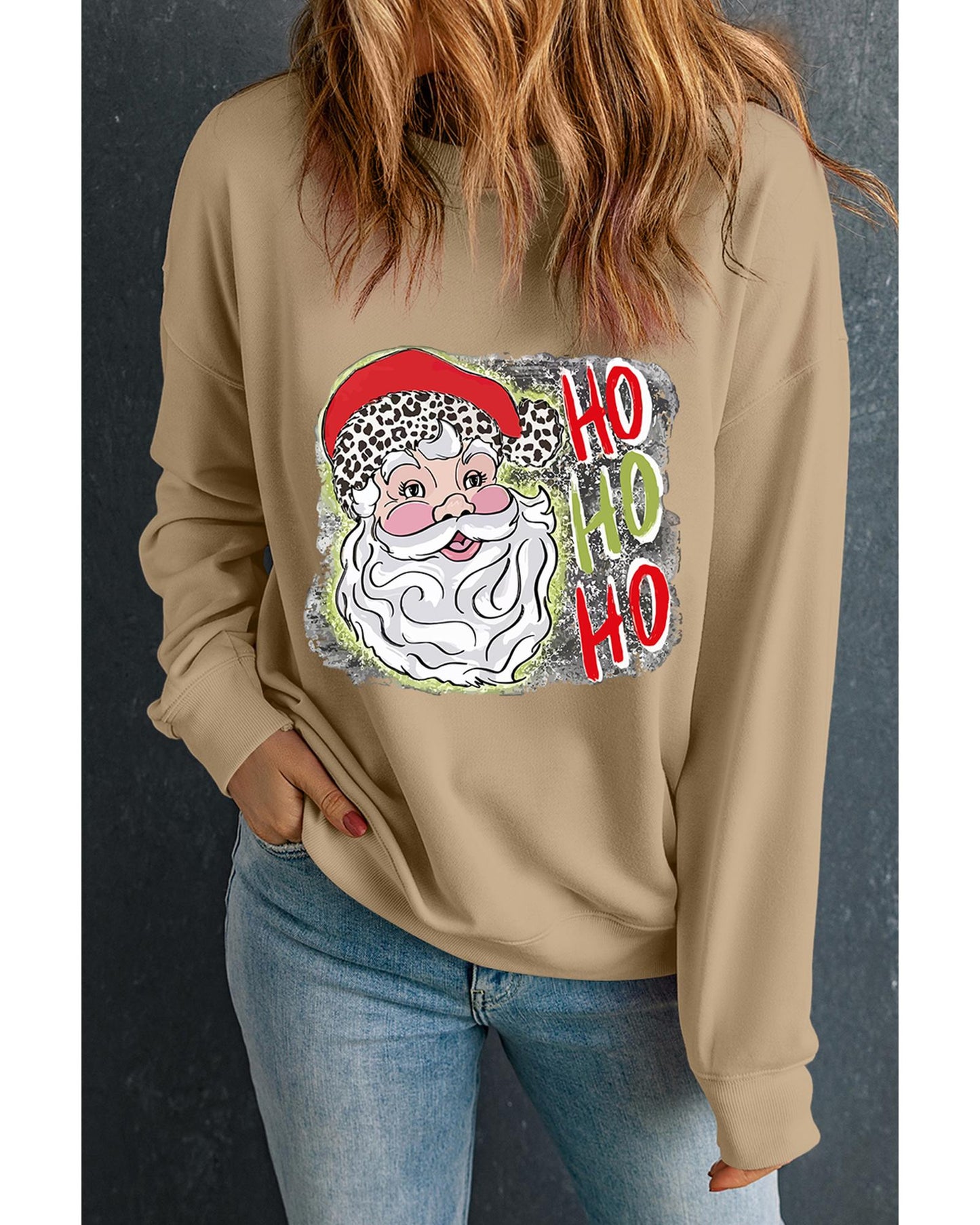 Khaki HOHOHO Santa Claus Drop Shoulder Christmas Sweatshirt - M