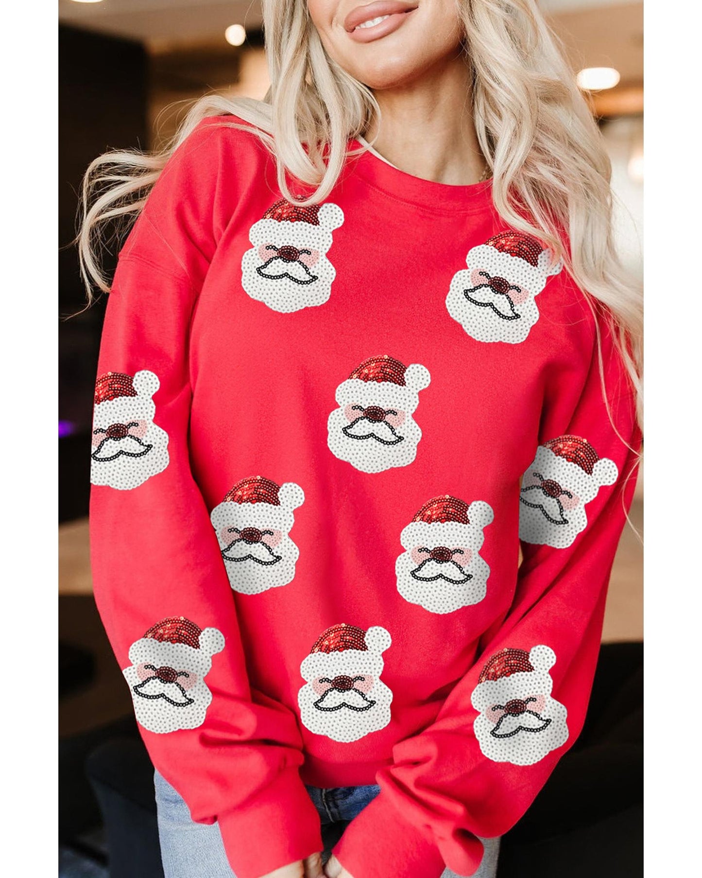 Red Sequin Santa Clause Patched Christmas Pullover Sweatshirt - XL