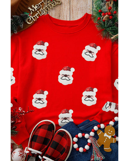 Red Sequin Santa Clause Patched Christmas Pullover Sweatshirt - XL