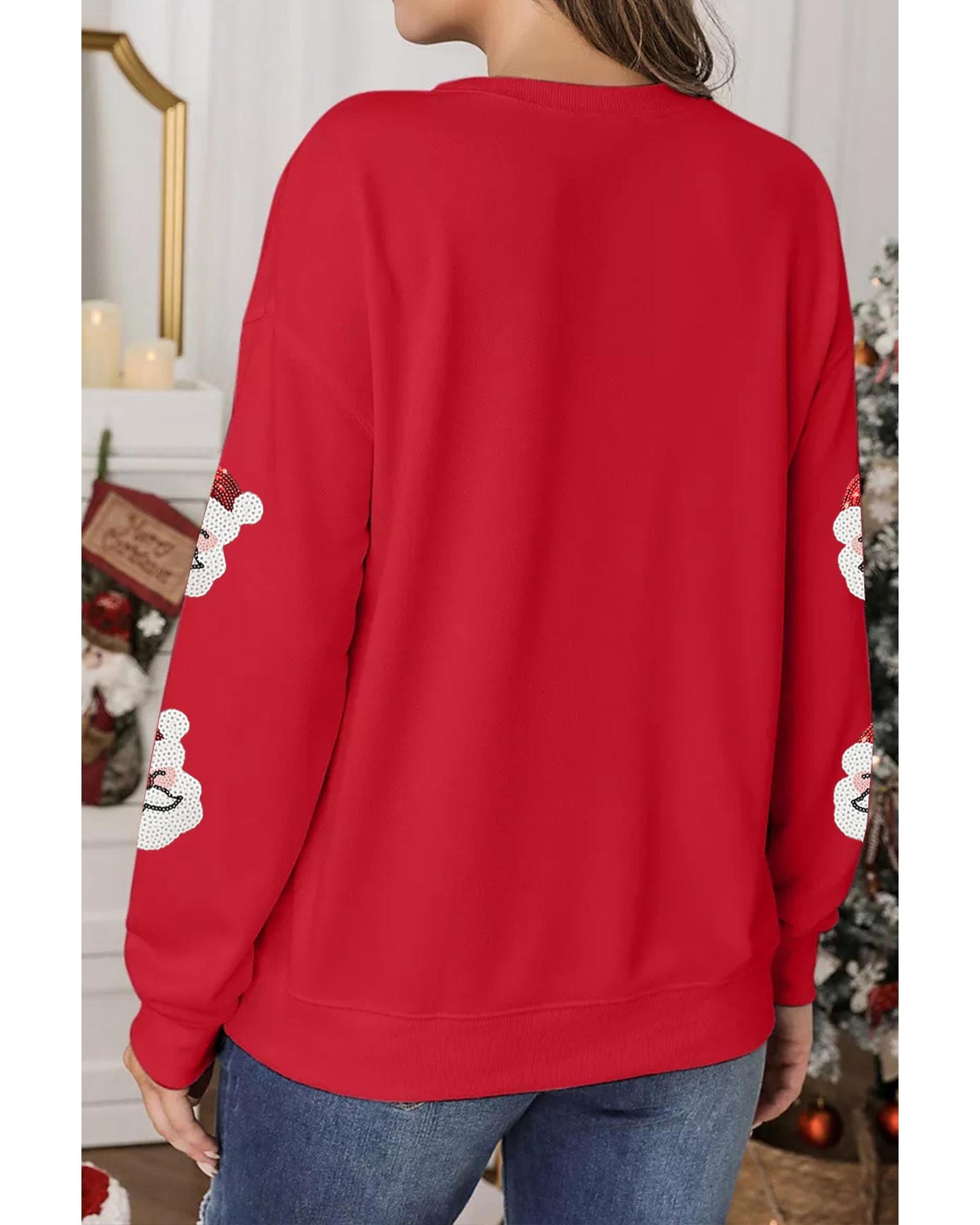 Red Sequin Santa Clause Patched Christmas Pullover Sweatshirt - XL