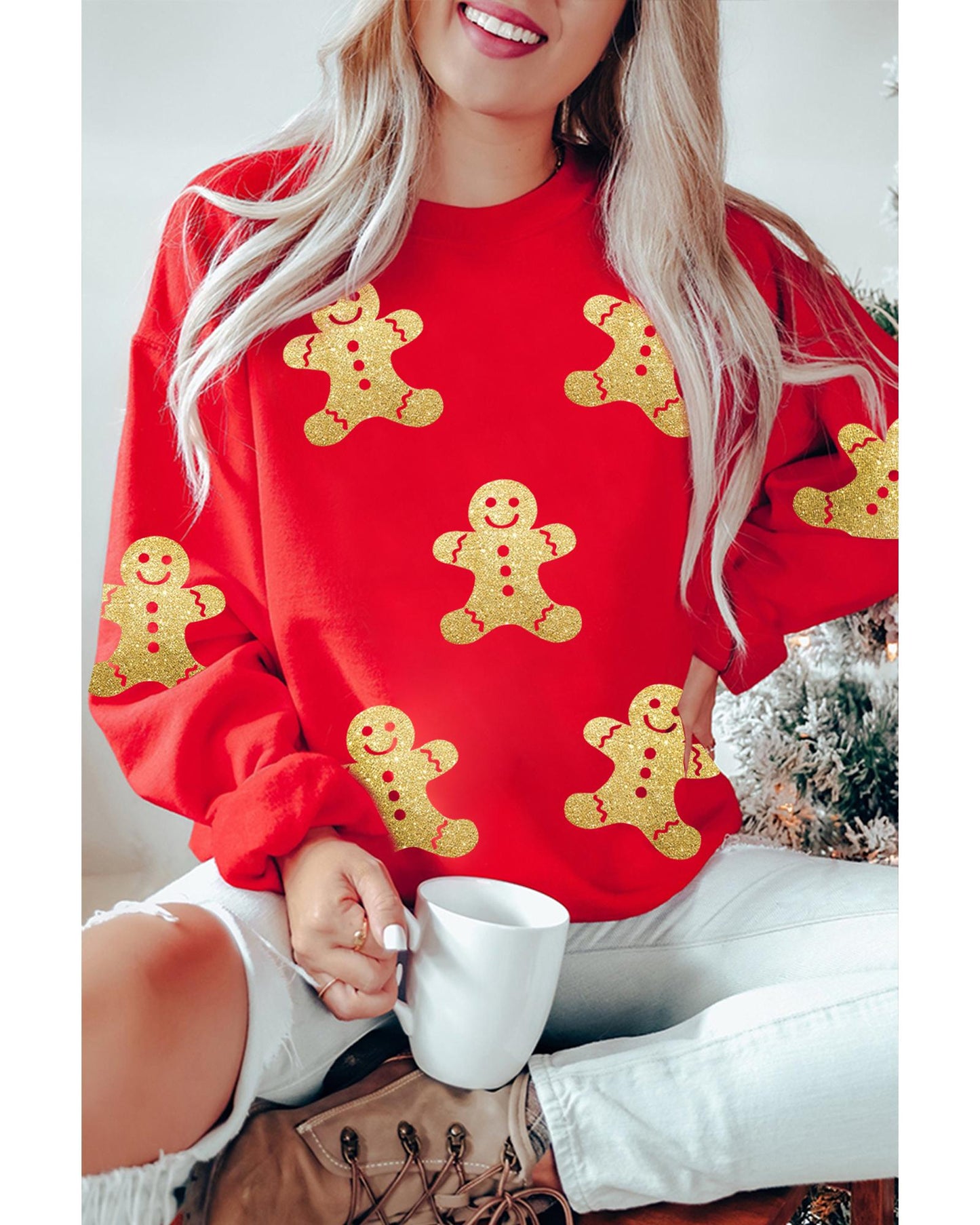 Red Cute Gingerbread Print Christmas Pullover Sweatshirt - XL