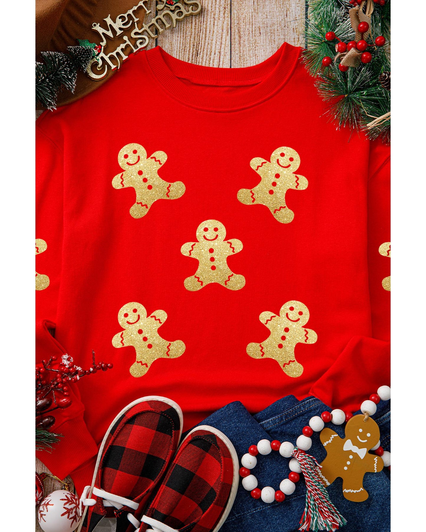 Red Cute Gingerbread Print Christmas Pullover Sweatshirt - XL