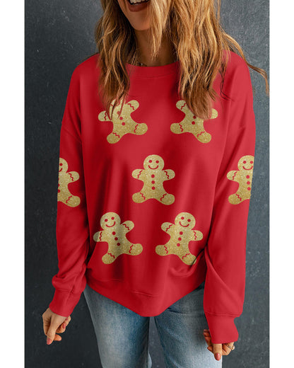 Red Cute Gingerbread Print Christmas Pullover Sweatshirt - XL