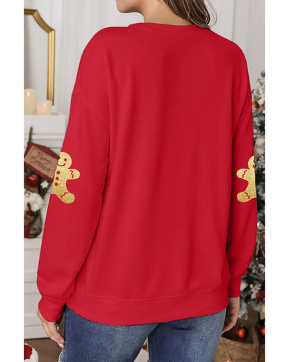 Red Cute Gingerbread Print Christmas Pullover Sweatshirt - XL
