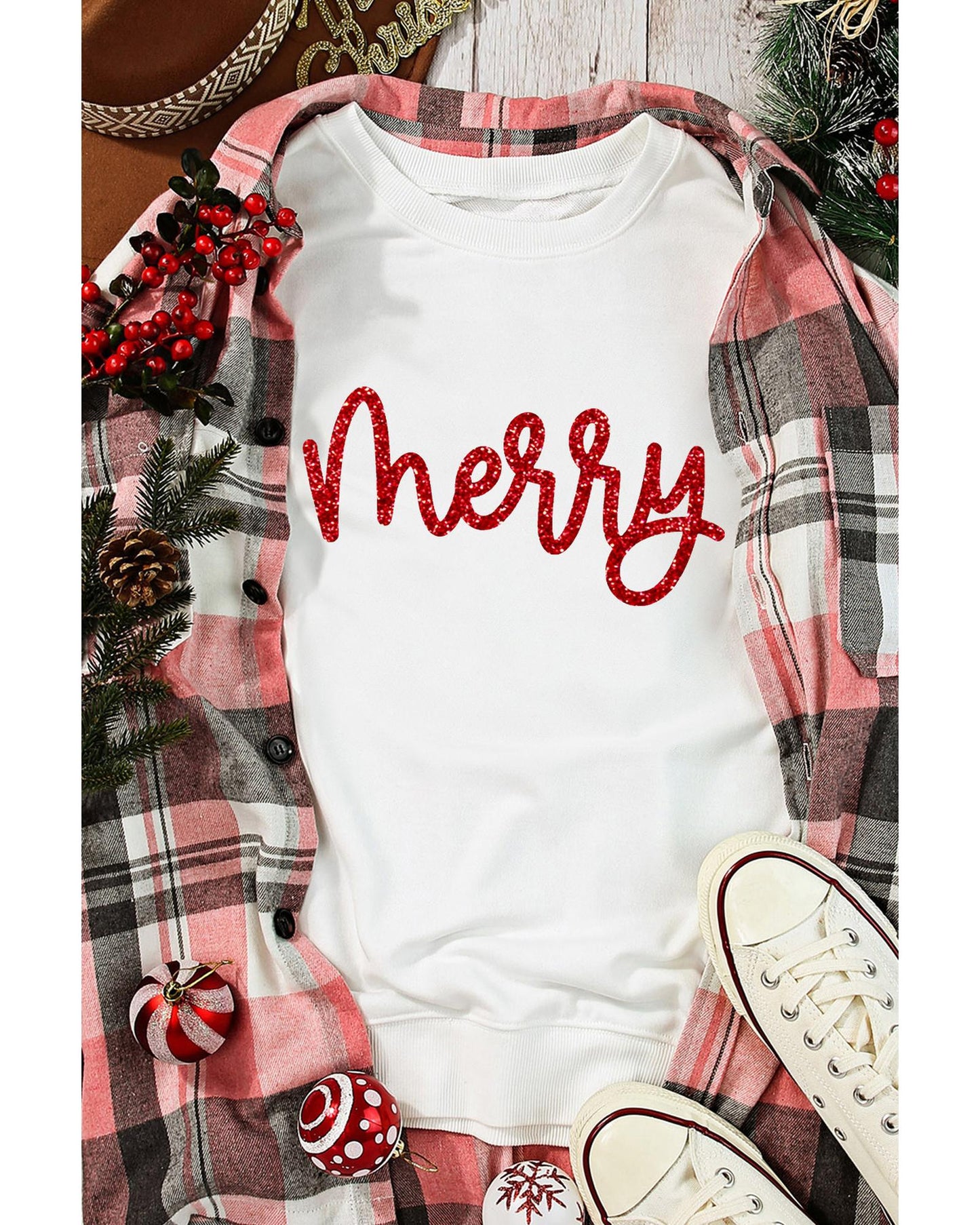 Beige Merry Graphic Christmas Crew Neck Sweatshirt - L