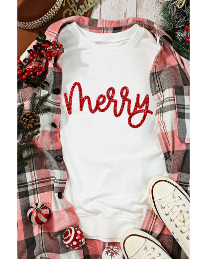 Beige Merry Graphic Christmas Crew Neck Sweatshirt - L