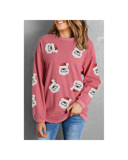 Strawberry Pink Sequin Santa Clause Christmas Corded Sweatshirt - 3XL
