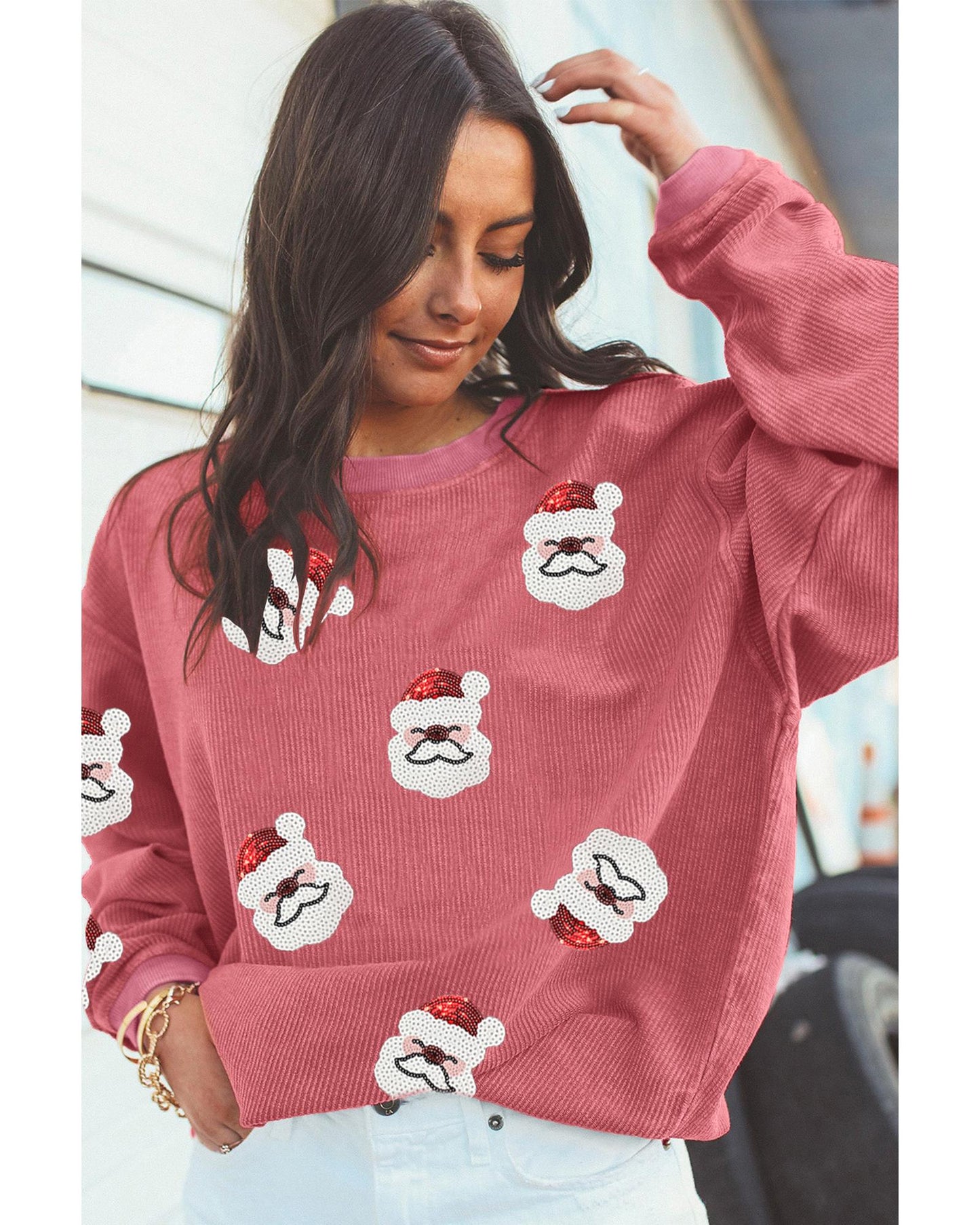 Strawberry Pink Sequin Santa Clause Christmas Corded Sweatshirt - 3XL