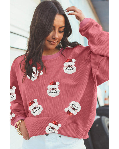 Strawberry Pink Sequin Santa Clause Christmas Corded Sweatshirt - S