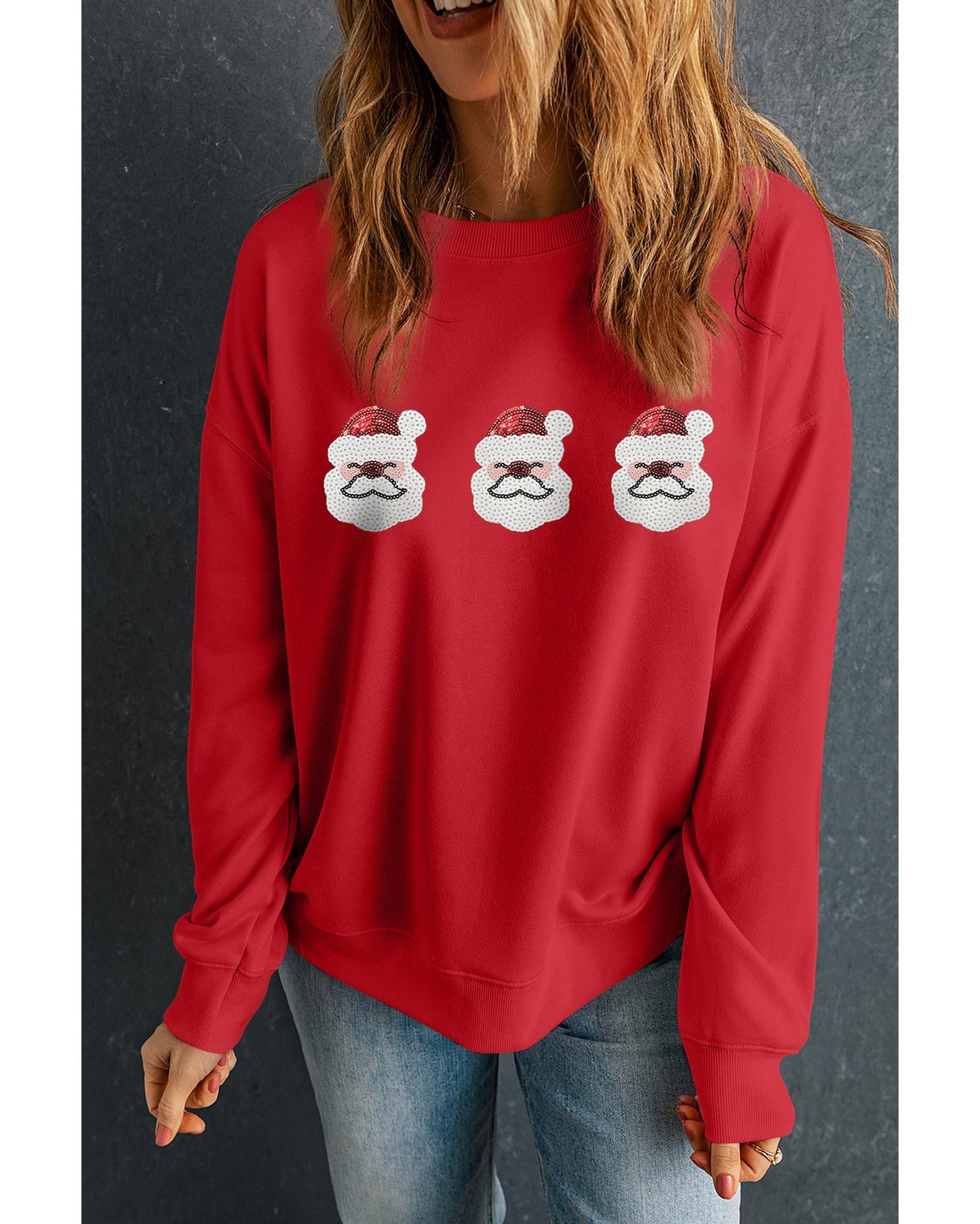 Red Sequin Father Christmas Patch Graphic Pullover Sweatshirt - 2XL