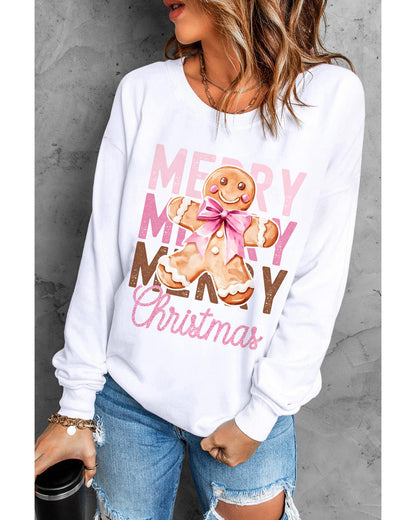 Beige Merry Christmas Gingerbread Man Graphic Sweatshirt - M