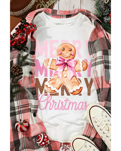 Beige Merry Christmas Gingerbread Man Graphic Sweatshirt - M