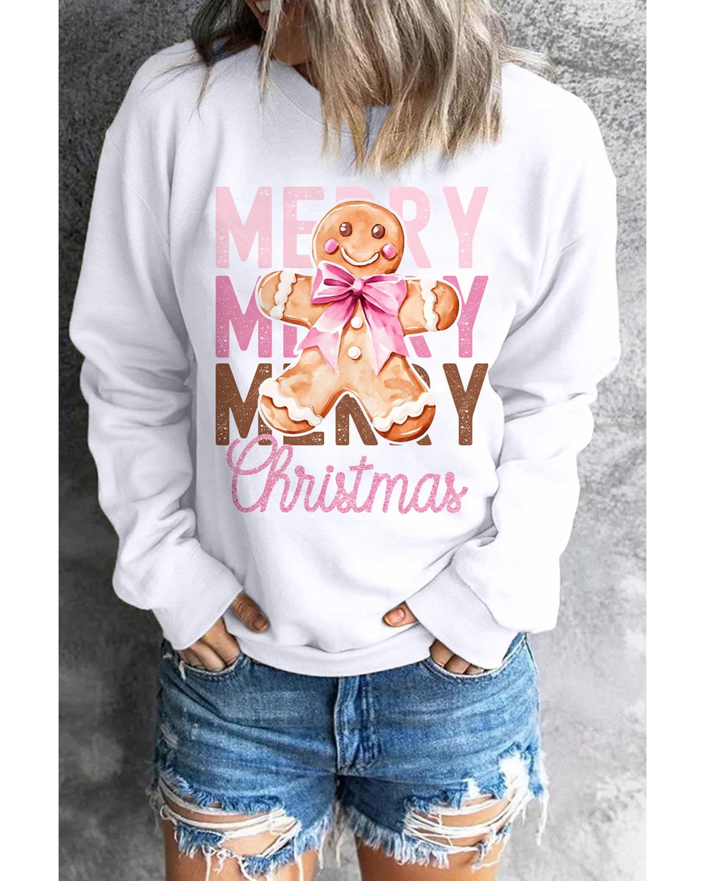 Beige Merry Christmas Gingerbread Man Graphic Sweatshirt - M