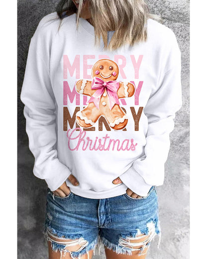 Beige Merry Christmas Gingerbread Man Graphic Sweatshirt - M