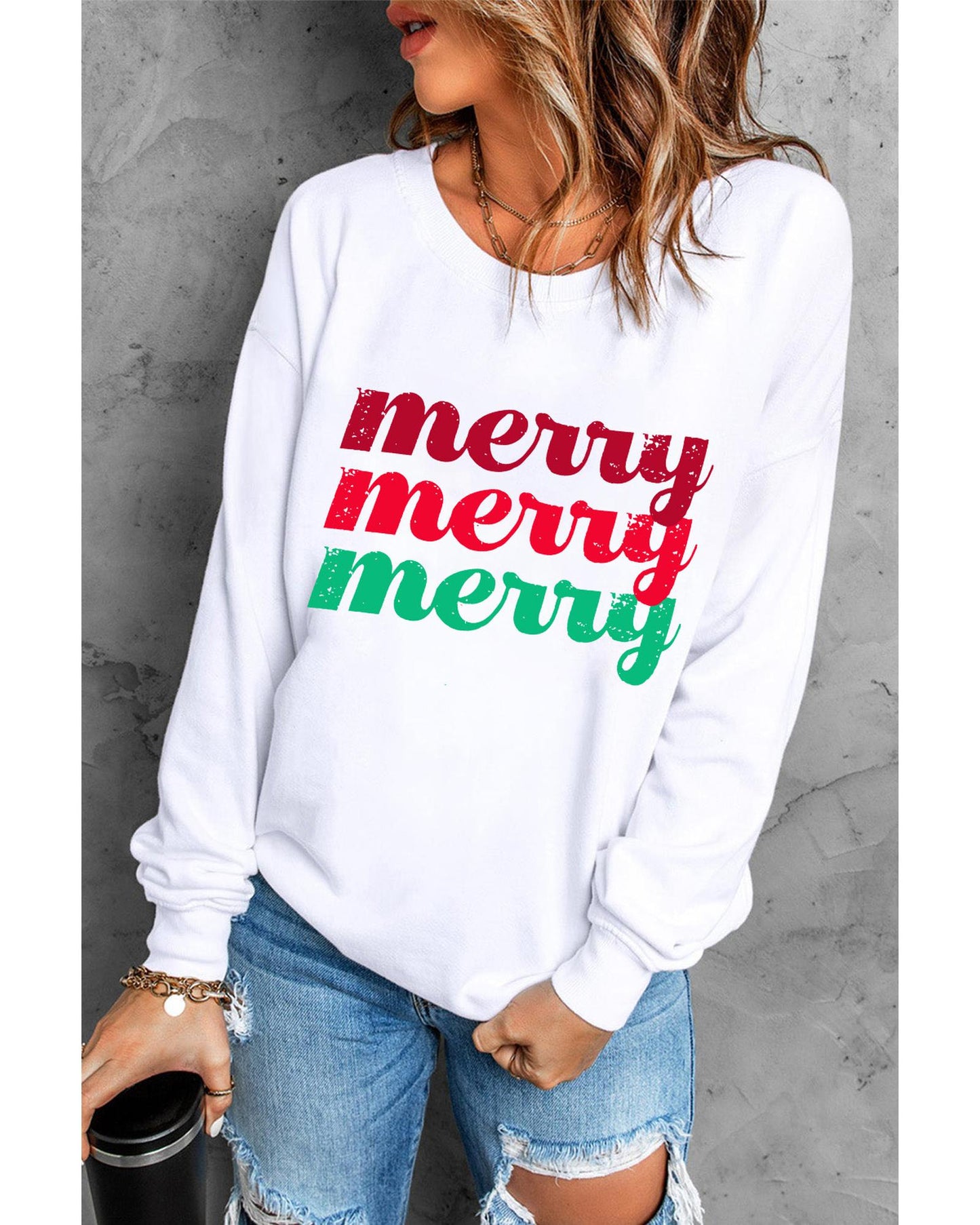 Beige merry merry merry Printed Christmas Sweatshirt - L