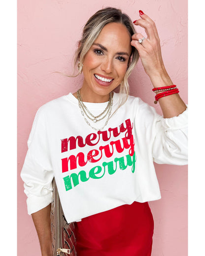 Beige merry merry merry Printed Christmas Sweatshirt - L