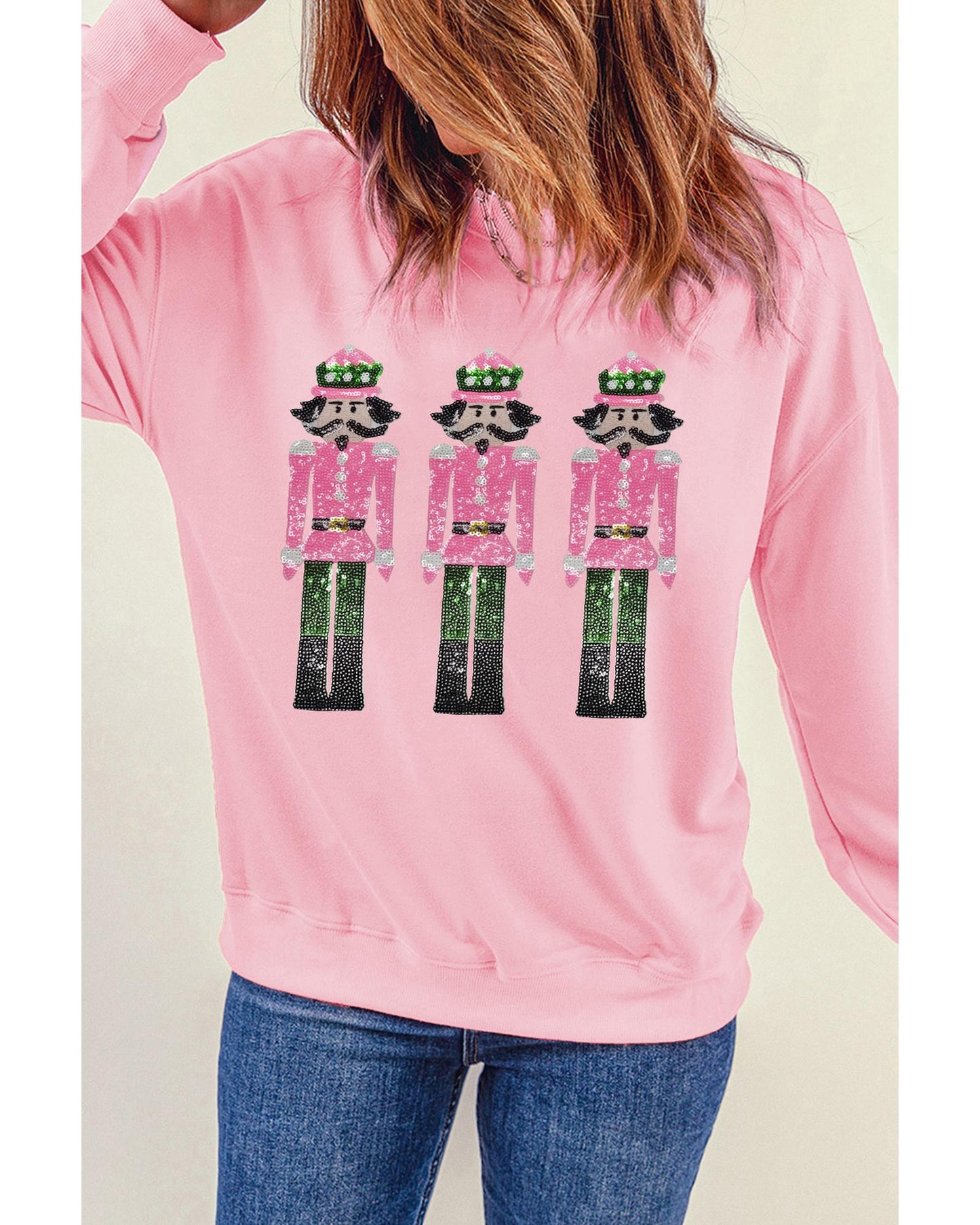 Pink Christmas Nutcracker Patched Pattern Drop Shoulder Sweatshirt - XL