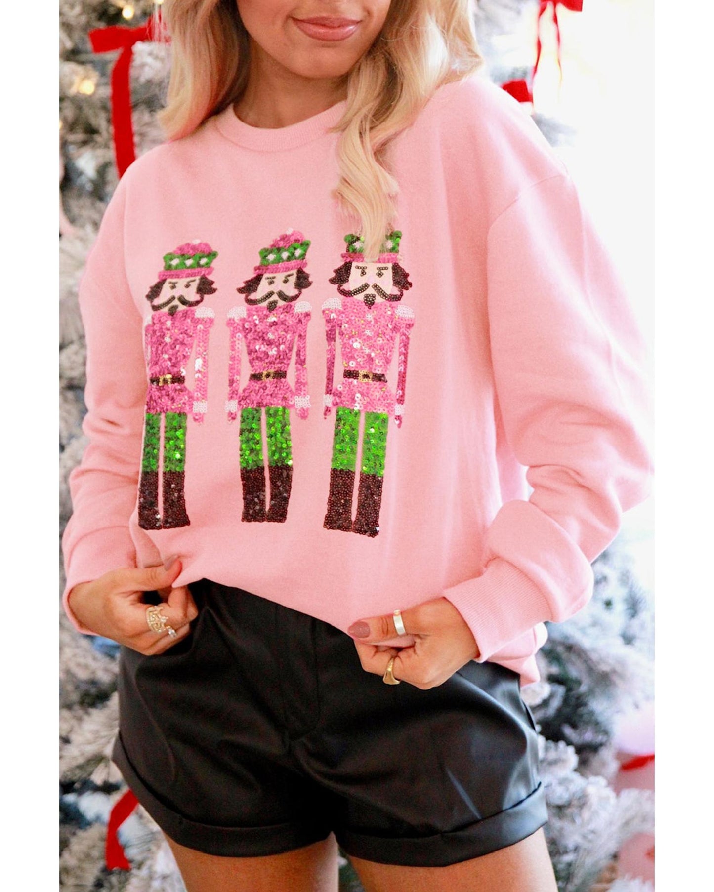 Pink Christmas Nutcracker Patched Pattern Drop Shoulder Sweatshirt - XL