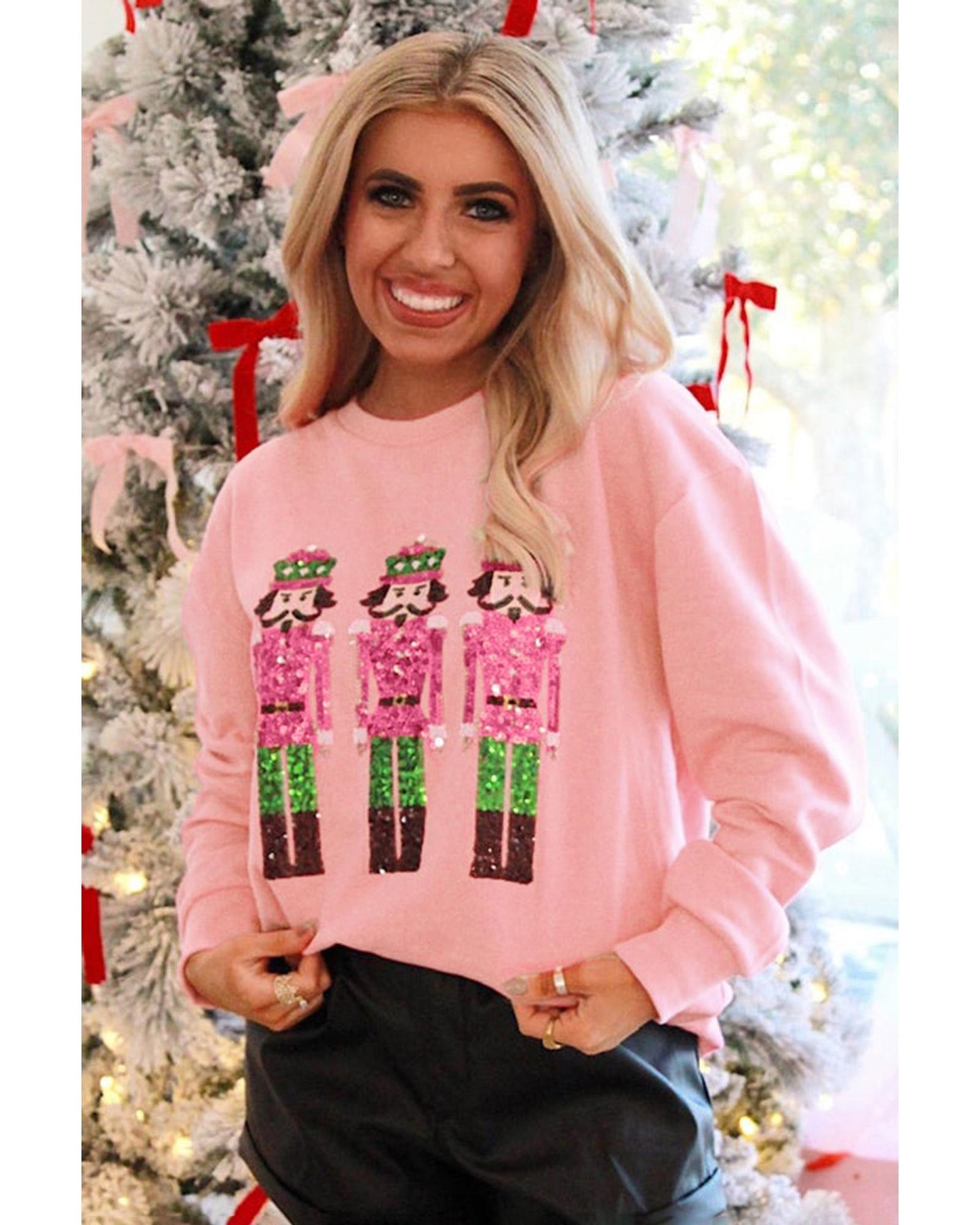 Pink Christmas Nutcracker Patched Pattern Drop Shoulder Sweatshirt - XL