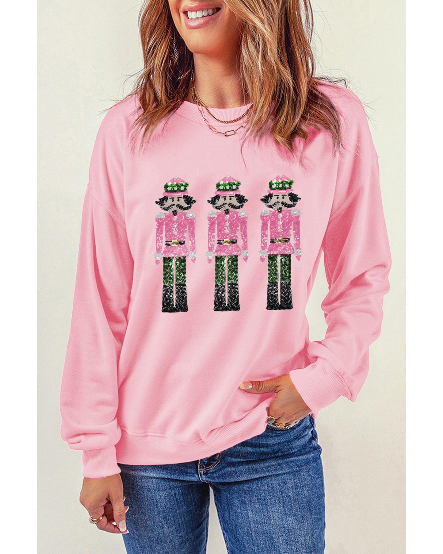 Pink Christmas Nutcracker Patched Pattern Drop Shoulder Sweatshirt - XL