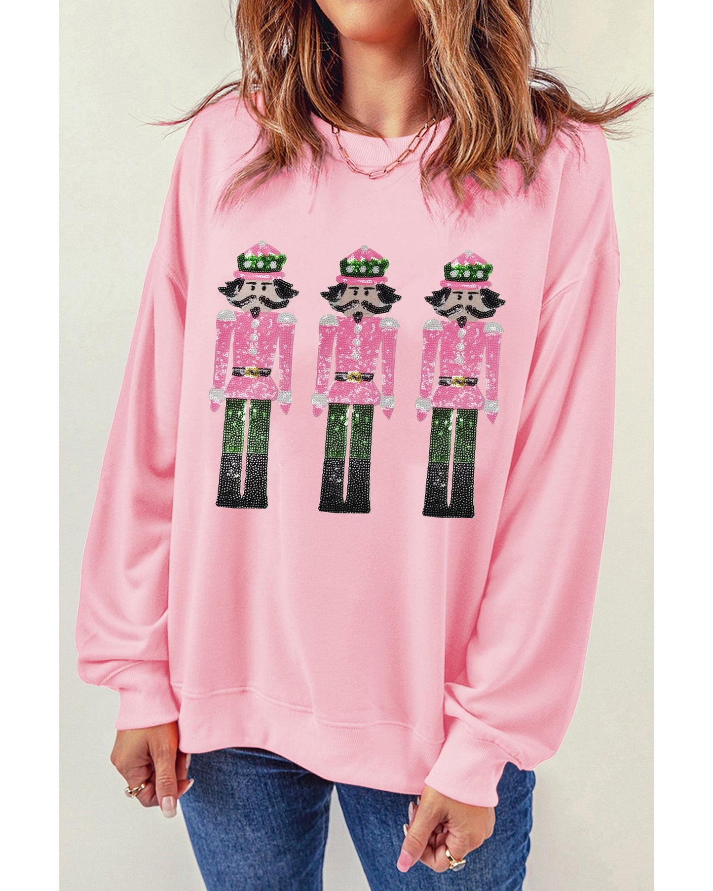 Pink Christmas Nutcracker Patched Pattern Drop Shoulder Sweatshirt - XL