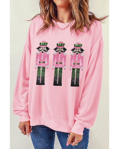 Pink Christmas Nutcracker Patched Pattern Drop Shoulder Sweatshirt - XL