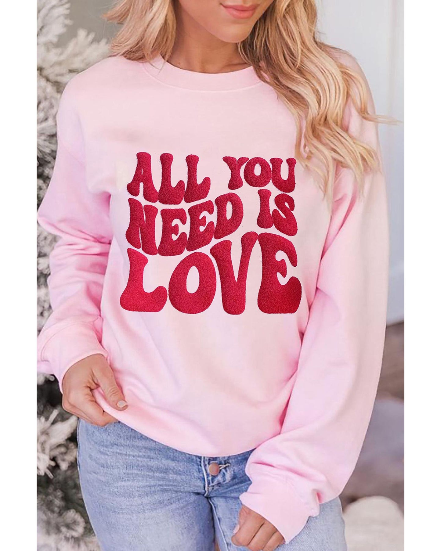 Pink ALL YOU NEED IS LOVE Valentines Slogan Printed Sweatshirt - L
