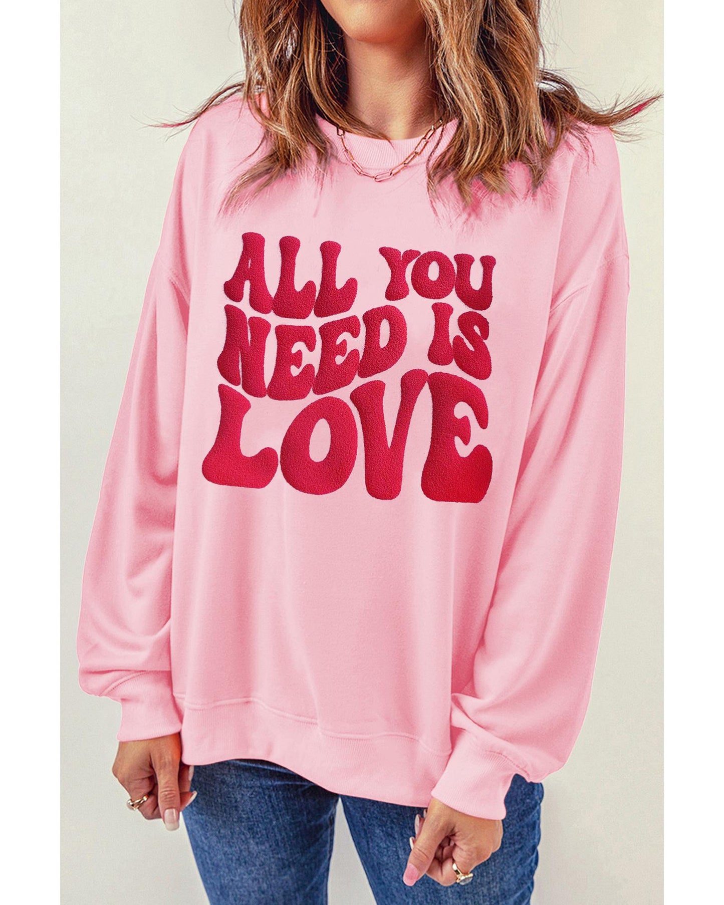 Pink ALL YOU NEED IS LOVE Valentines Slogan Printed Sweatshirt - L