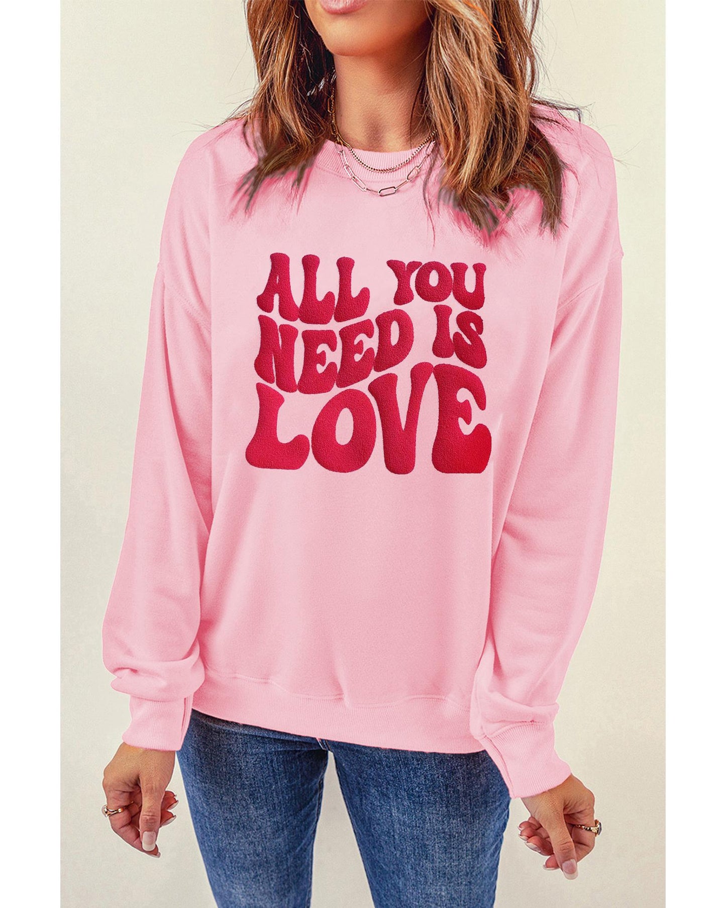 Pink ALL YOU NEED IS LOVE Valentines Slogan Printed Sweatshirt - L