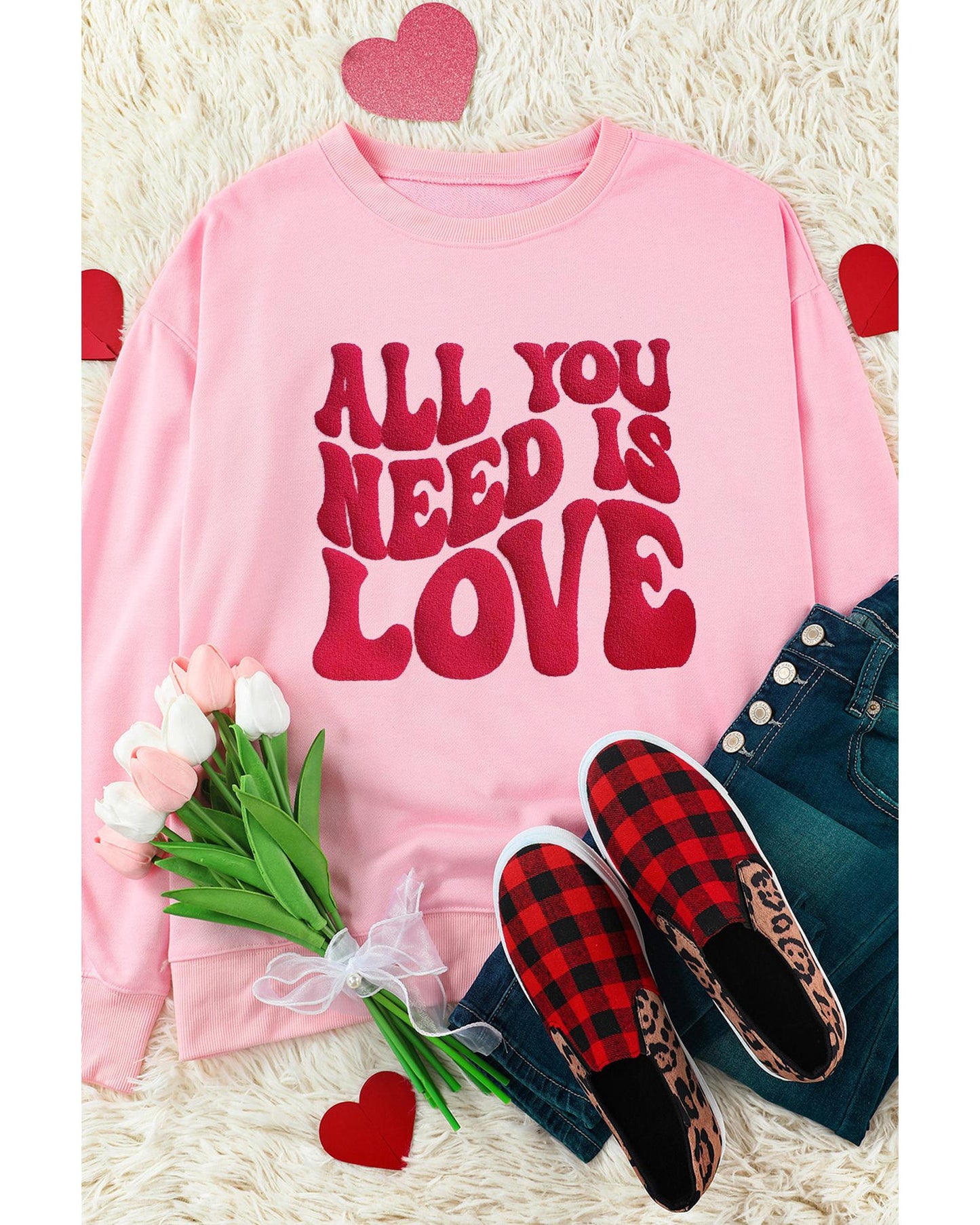 Pink ALL YOU NEED IS LOVE Valentines Slogan Printed Sweatshirt - L