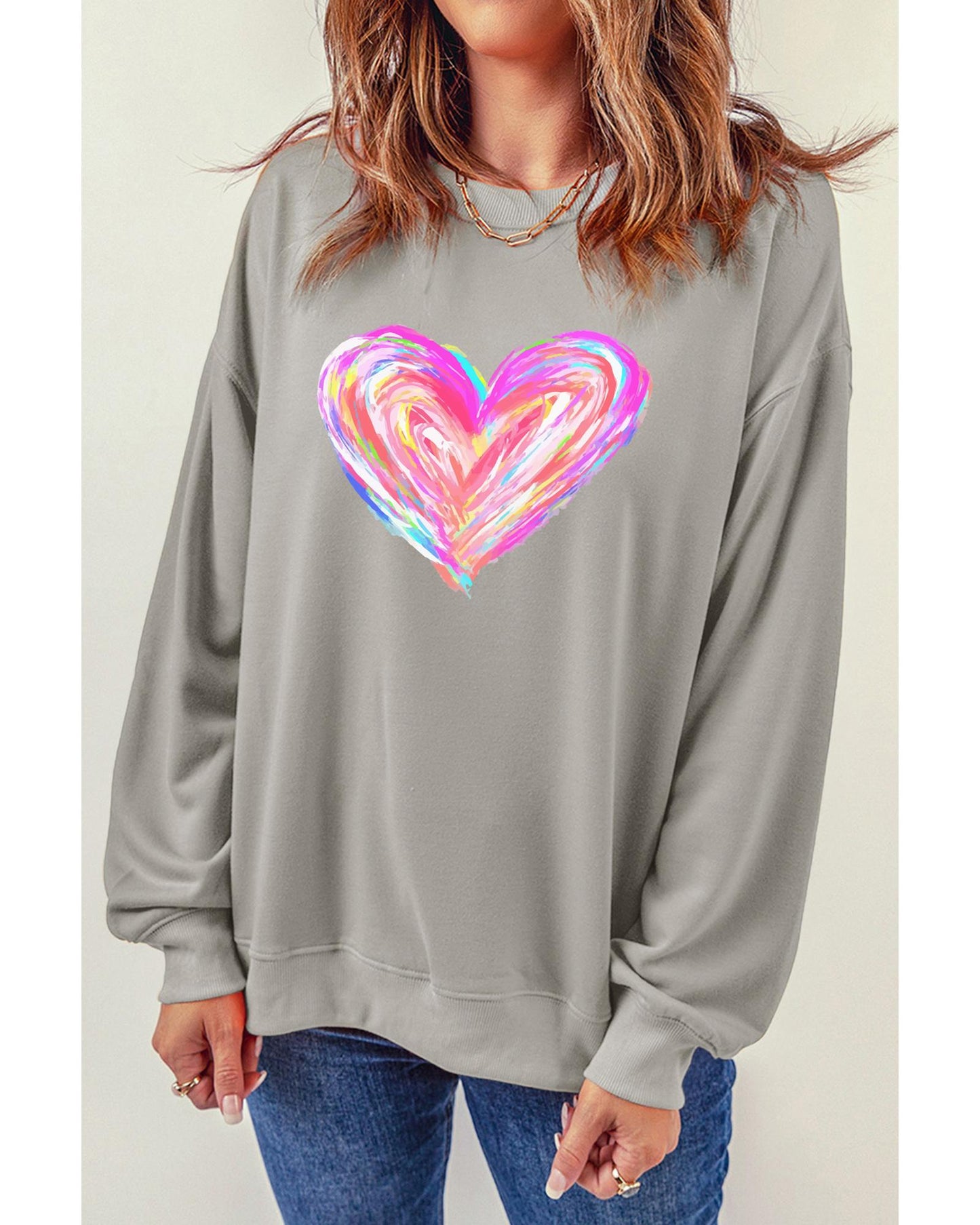Gray Valentines Brushwork Heart Graphic Drop Shoulder Sweatshirt - S