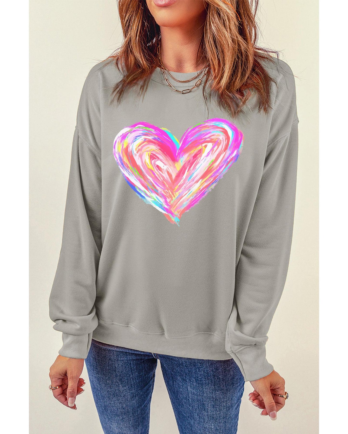 Gray Valentines Brushwork Heart Graphic Drop Shoulder Sweatshirt - S