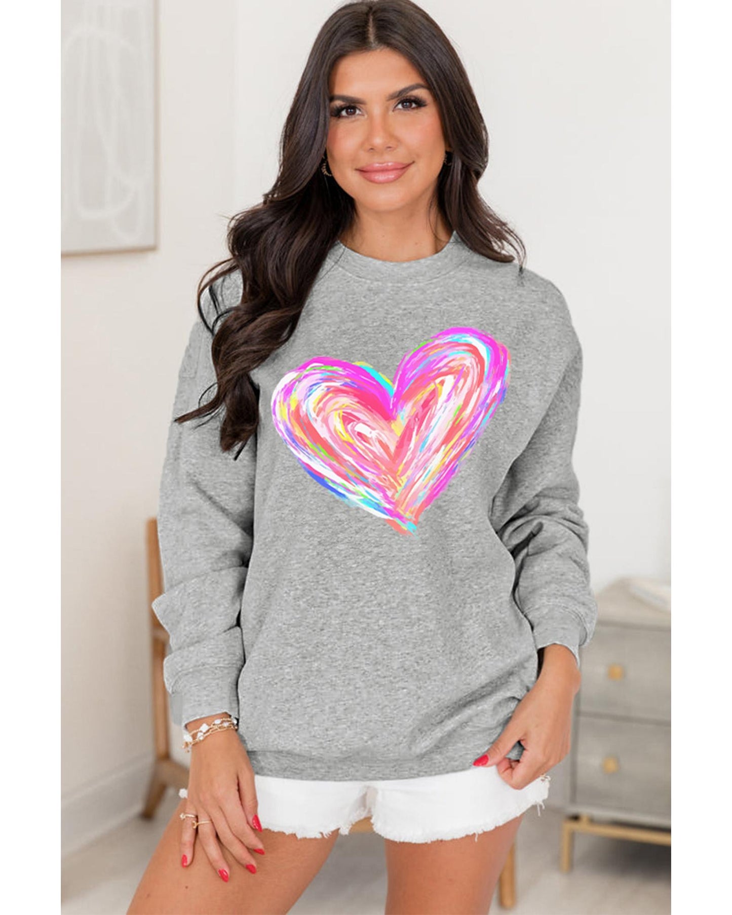 Gray Valentines Brushwork Heart Graphic Drop Shoulder Sweatshirt - S