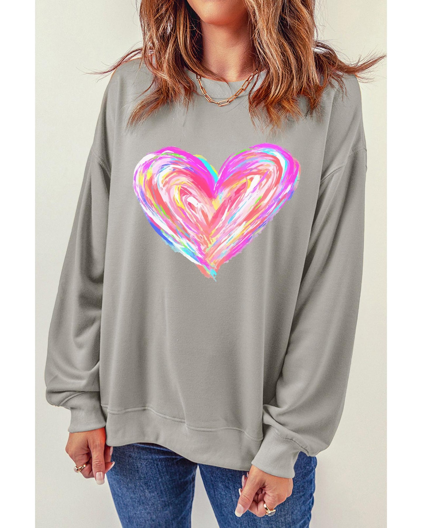 Gray Valentines Brushwork Heart Graphic Drop Shoulder Sweatshirt - S