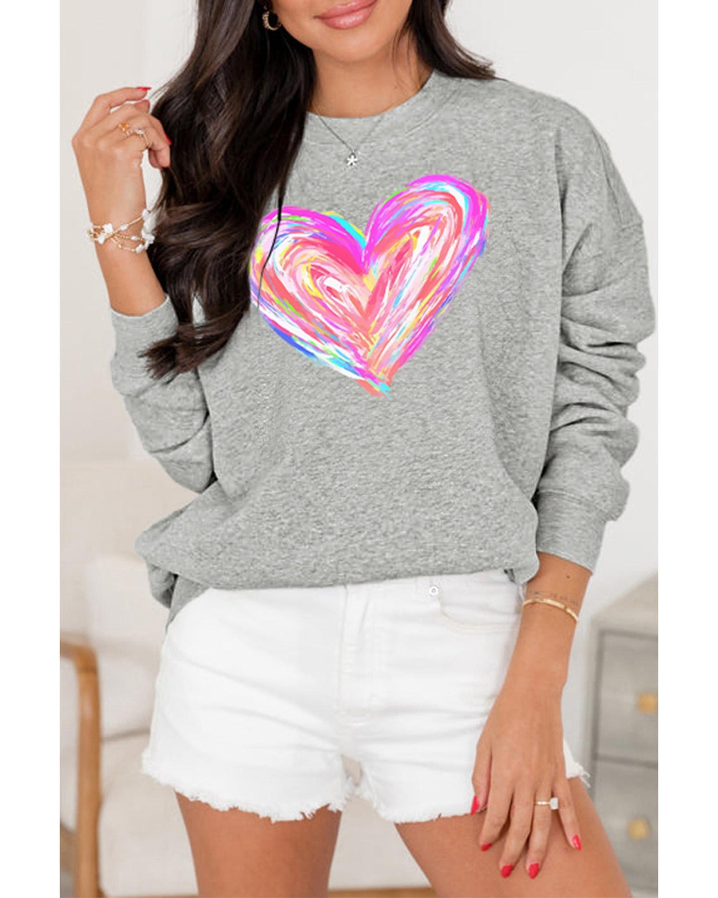 Gray Valentines Brushwork Heart Graphic Drop Shoulder Sweatshirt - S