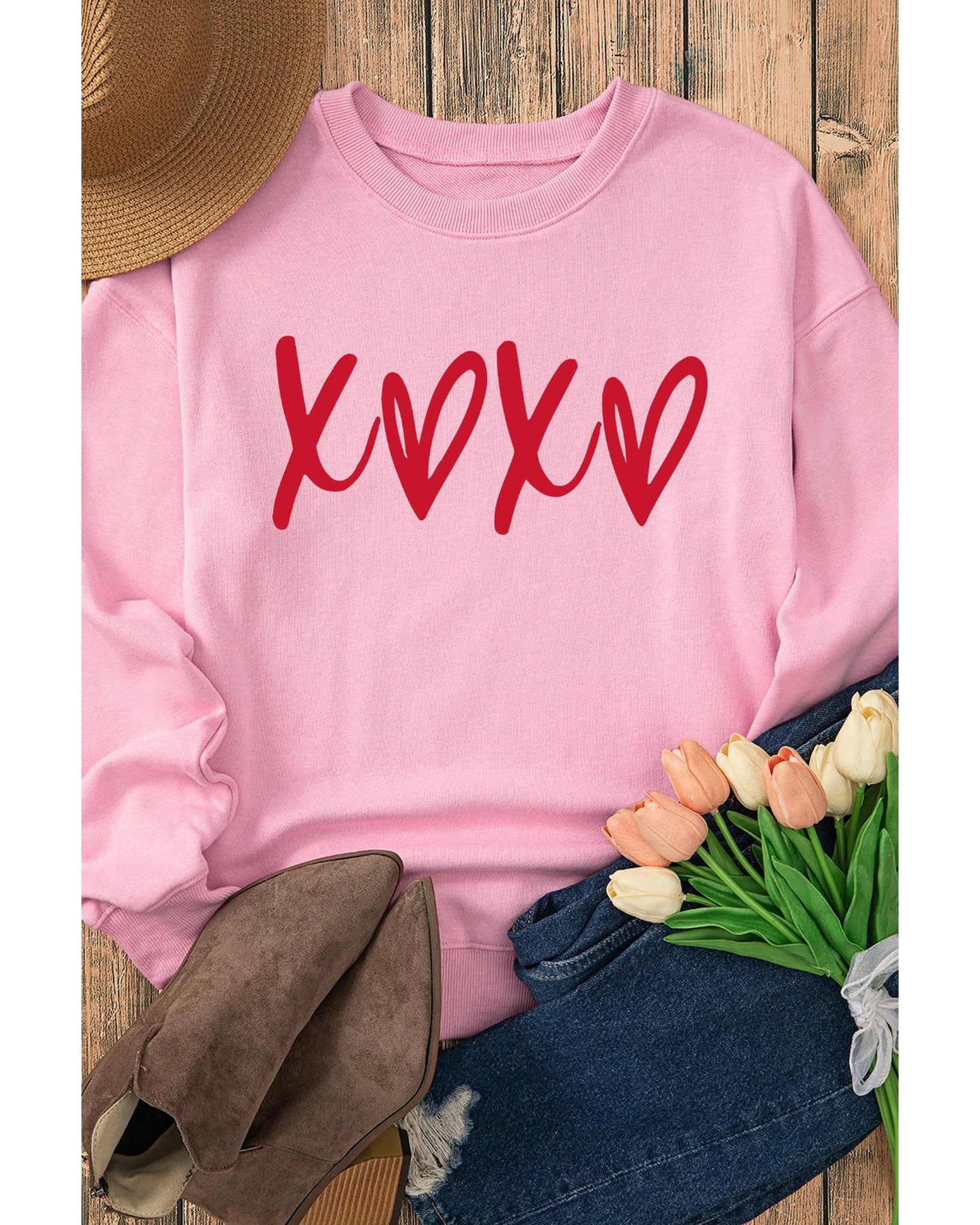 Pink Heart XOXO Graphic Crewneck Drop Shoulder Valentines Sweatshirt - M