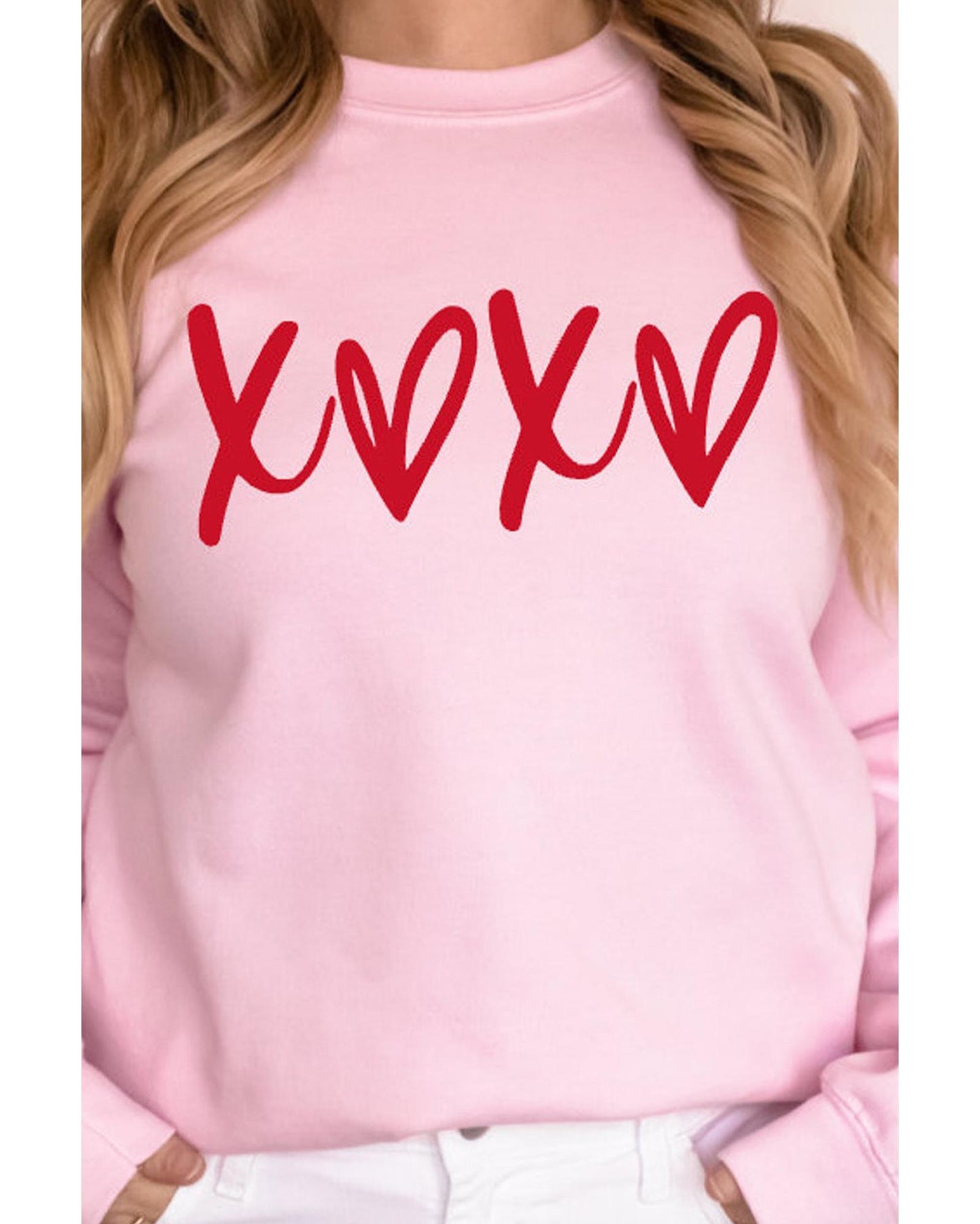Pink Heart XOXO Graphic Crewneck Drop Shoulder Valentines Sweatshirt - M