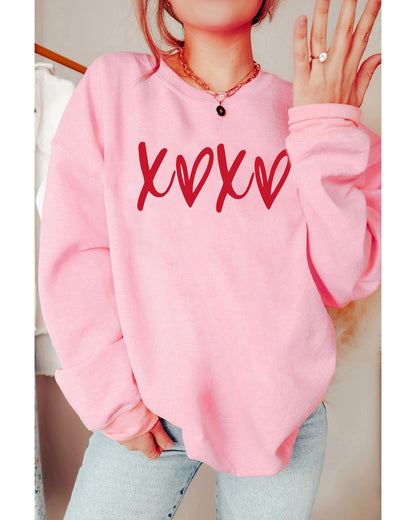 Pink Heart XOXO Graphic Crewneck Drop Shoulder Valentines Sweatshirt - M