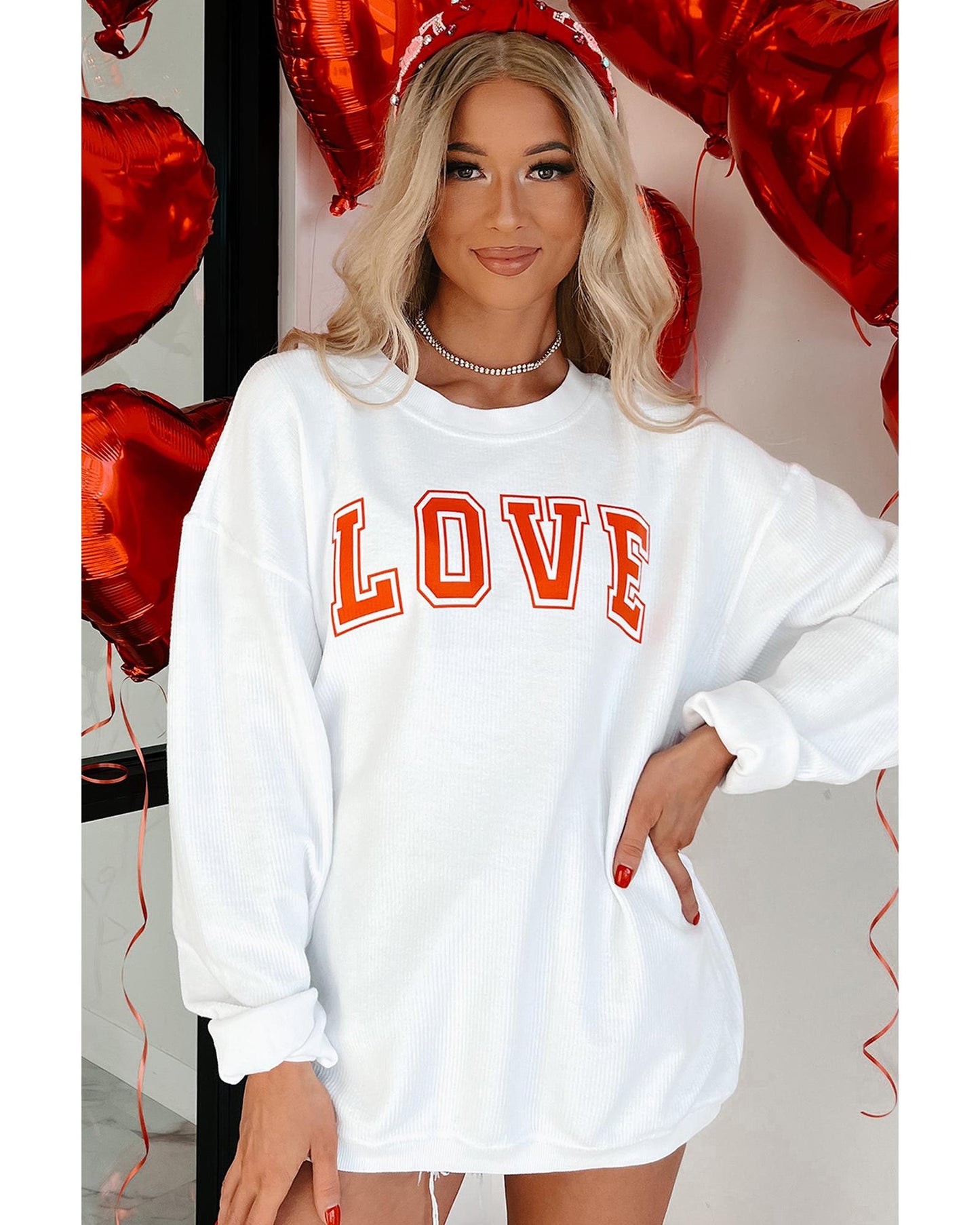 White LOVE Printed Crewneck Valentines Pullover Sweatshirt - XL