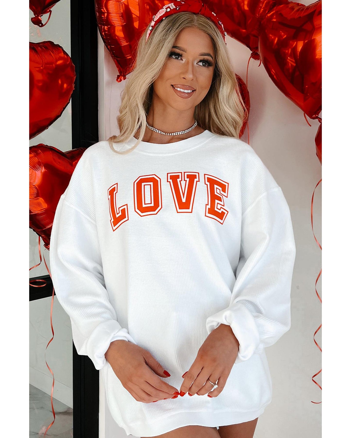 White LOVE Printed Crewneck Valentines Pullover Sweatshirt - XL