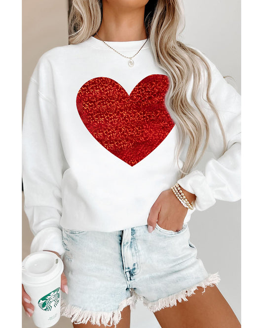 Beige Glitter Valentine Heart Shape Graphic Sweatshirt - L