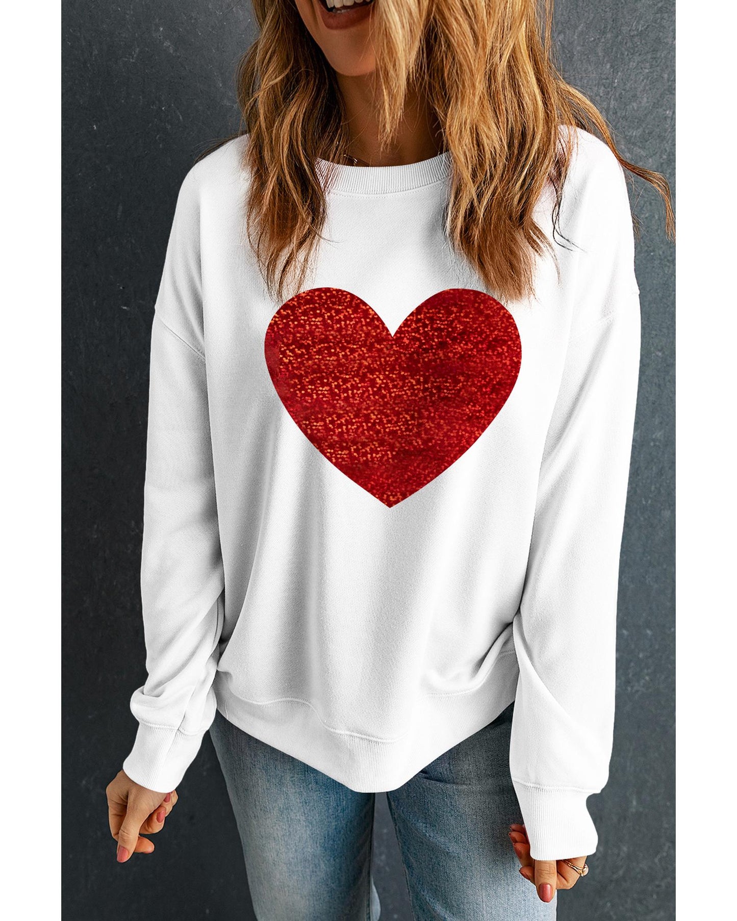 Beige Glitter Valentine Heart Shape Graphic Sweatshirt - L
